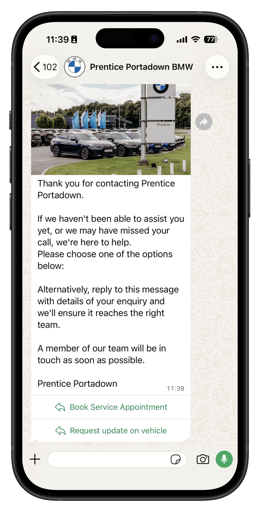 WhatsApp message from Prentice: Missed call