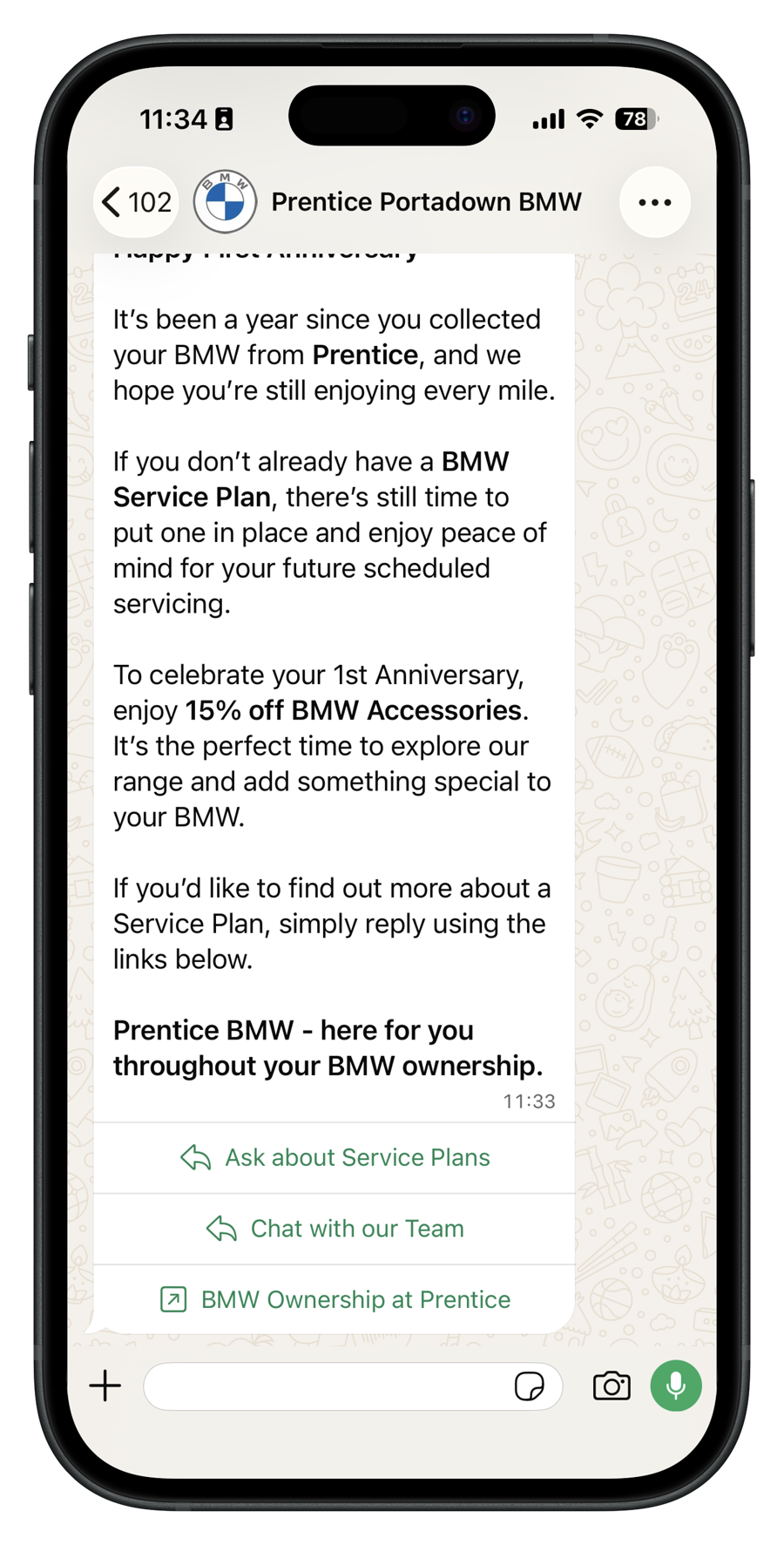 WhatsApp message from Prentice: Service plan: first anniversary, no plan in place