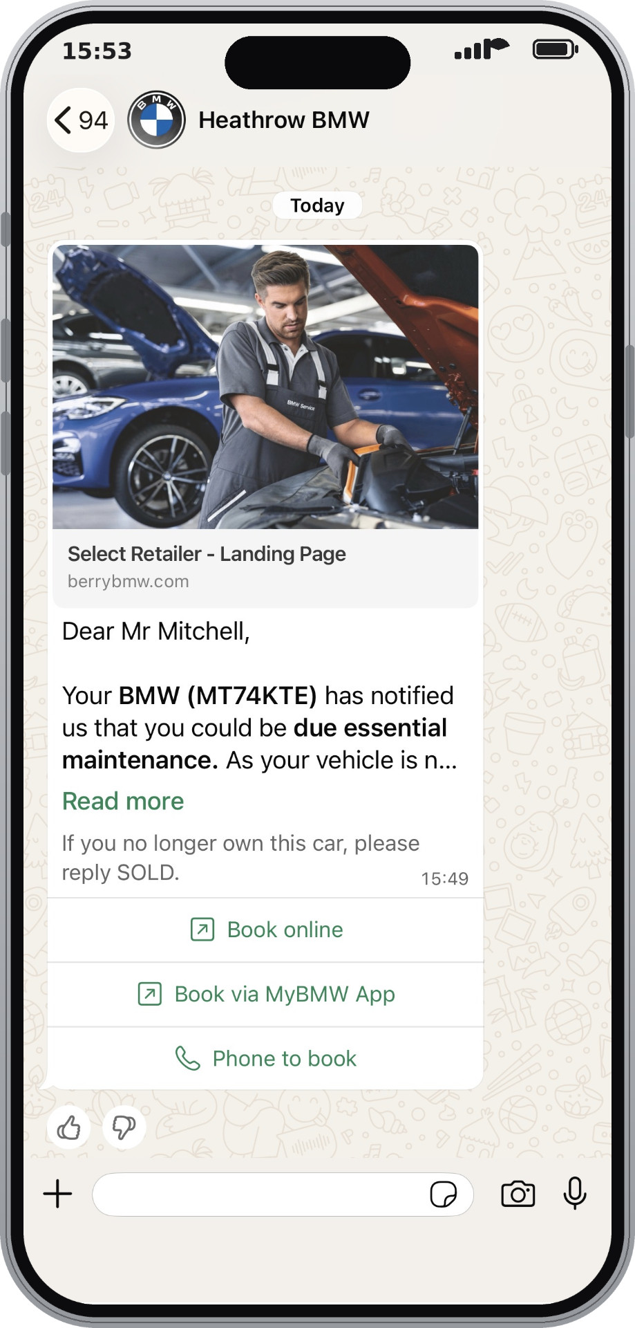WhatsApp Teleservice service-due message from Berry BMW