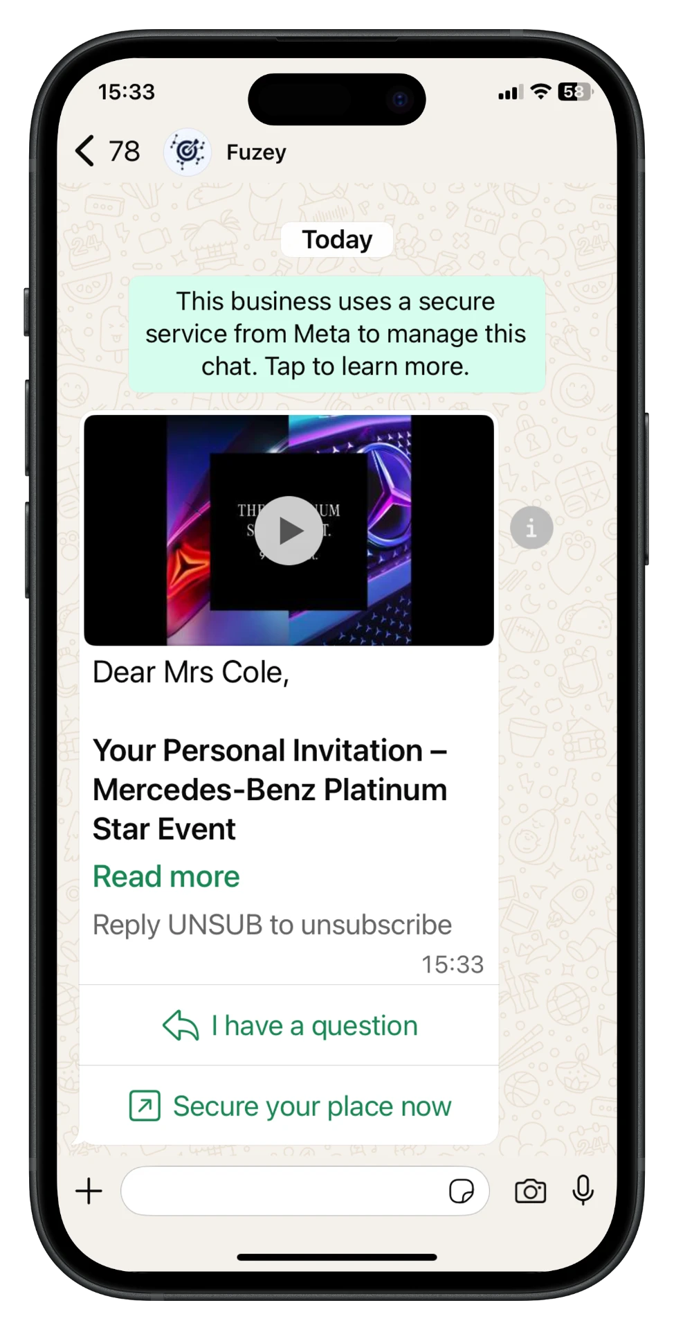 WhatsApp event invitation with a video, a read more link and a Secure your place now button