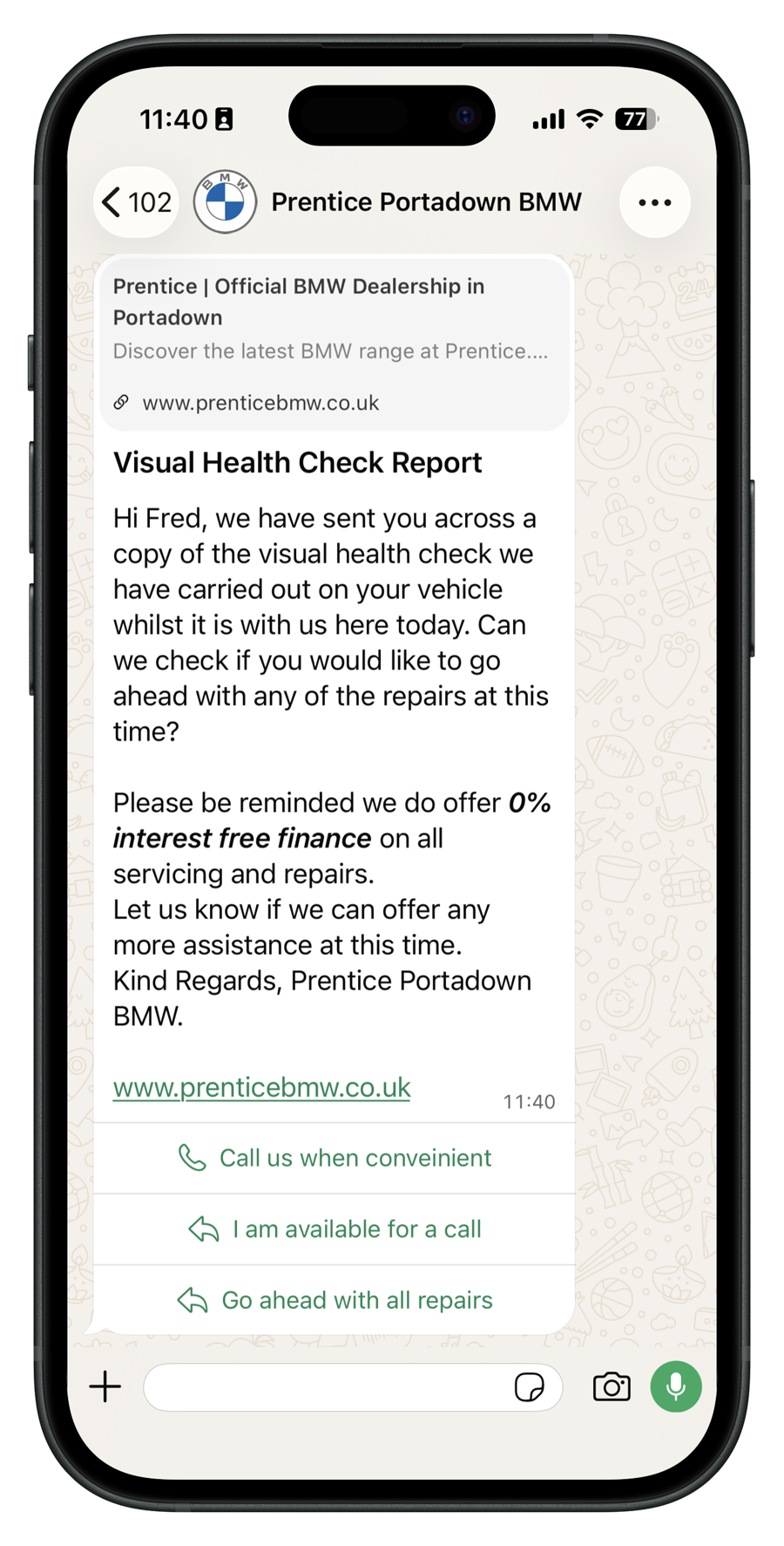WhatsApp message from Prentice: Visual health check: while the car is in the workshop