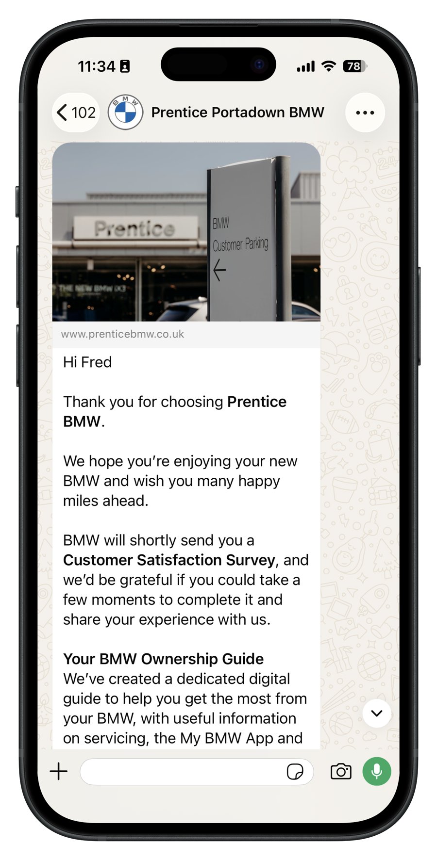 WhatsApp message from Prentice: Handover: thank you after delivery
