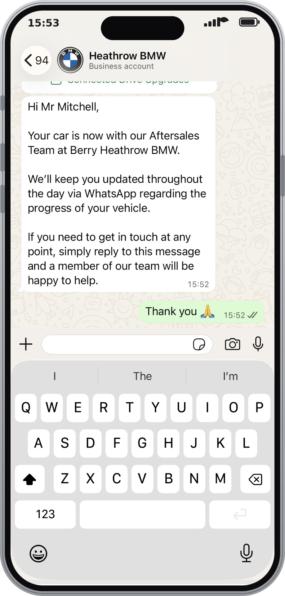 WhatsApp update from the Berry BMW aftersales team while the car is in the workshop