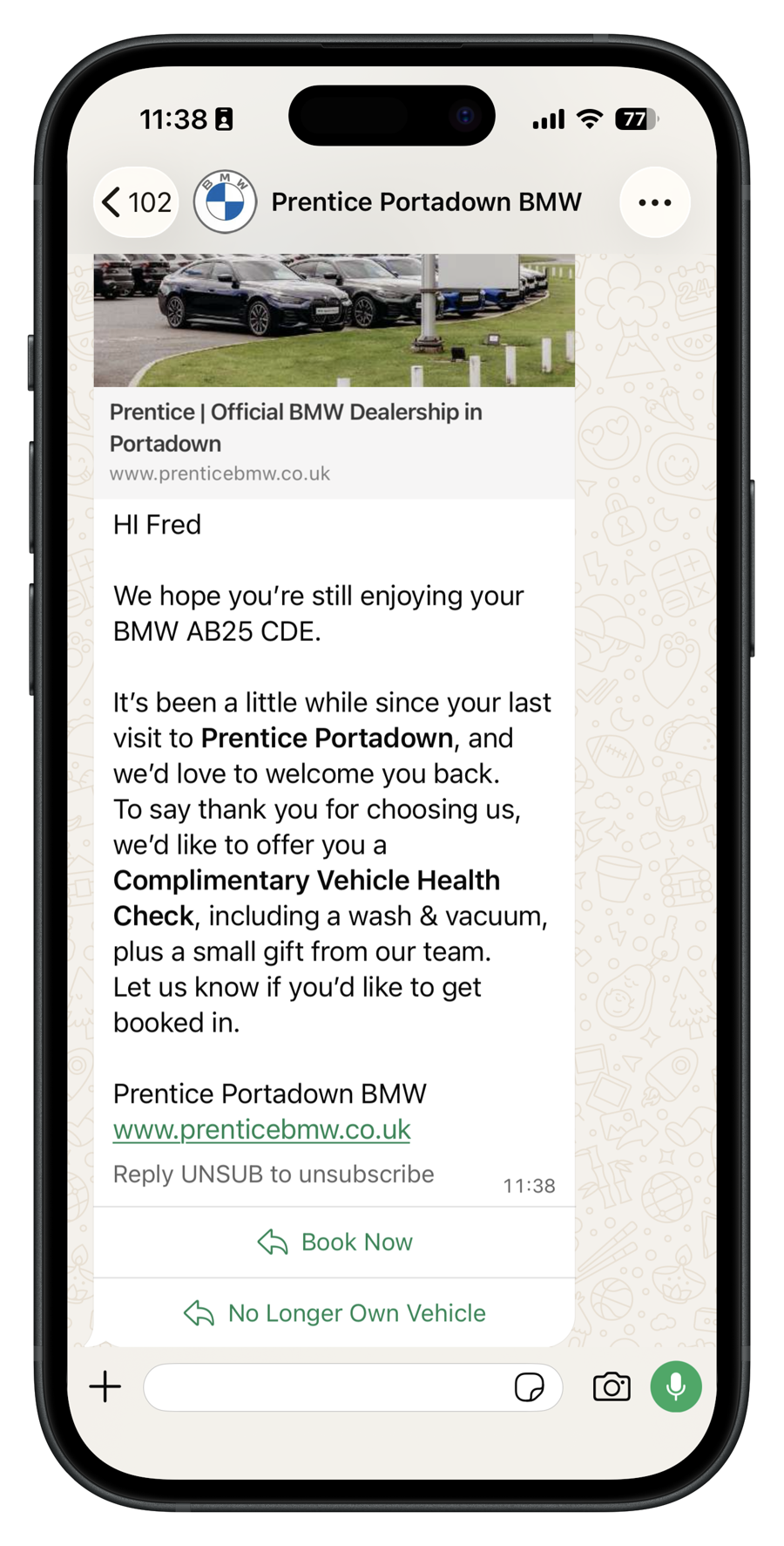 WhatsApp message from Prentice: Lapsed service: 13 months since last visit