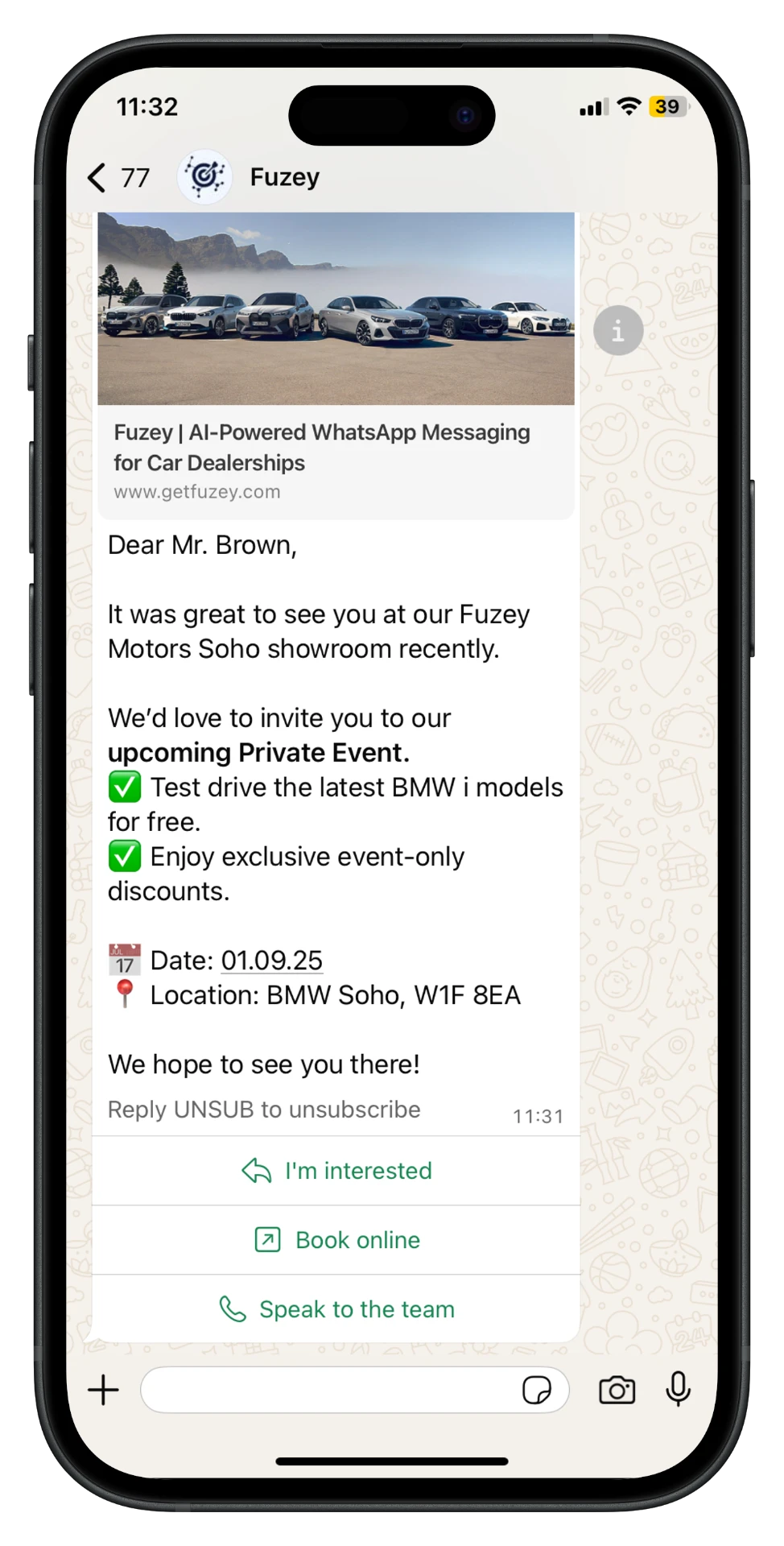Approved WhatsApp marketing template as the customer sees it, with reply buttons built in