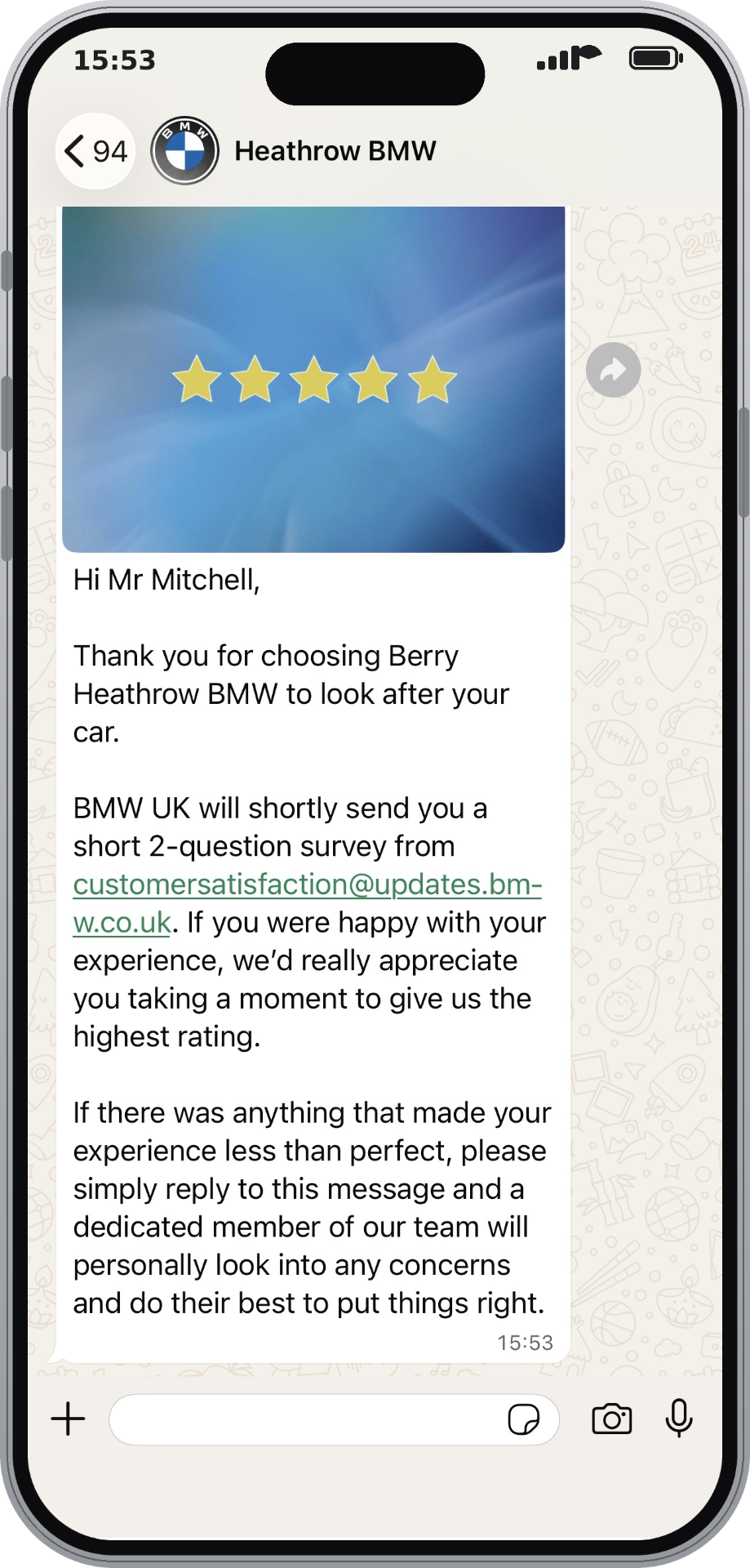 WhatsApp five-star review request from Berry Heathrow BMW