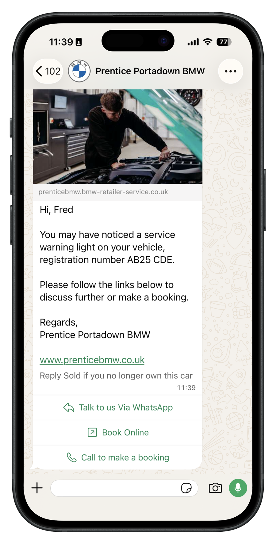 WhatsApp message from Prentice: Teleservice: service warning flagged by the manufacturer