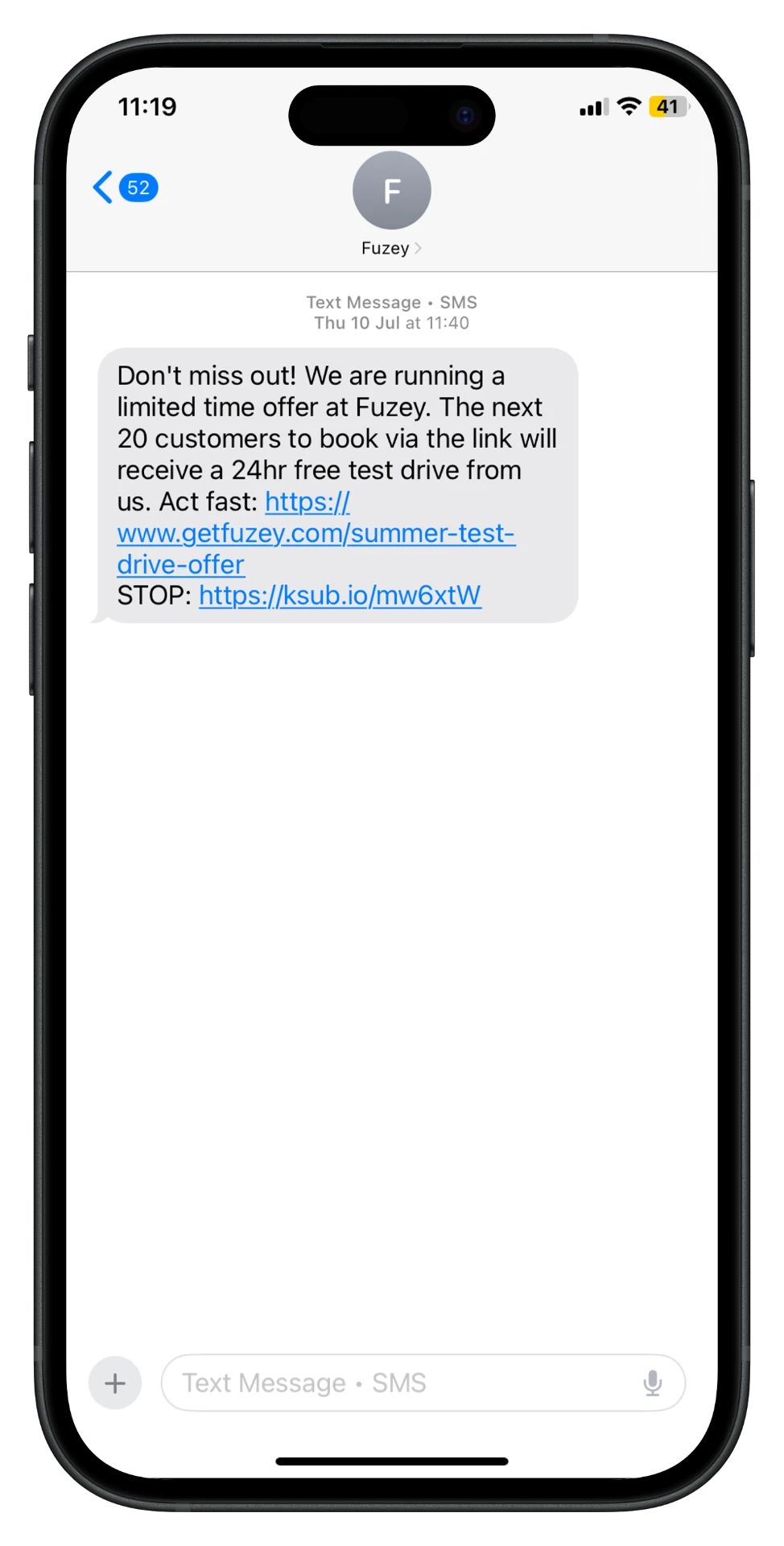A dealership SMS offer on an iPhone, with a plain link and an unsubscribe link