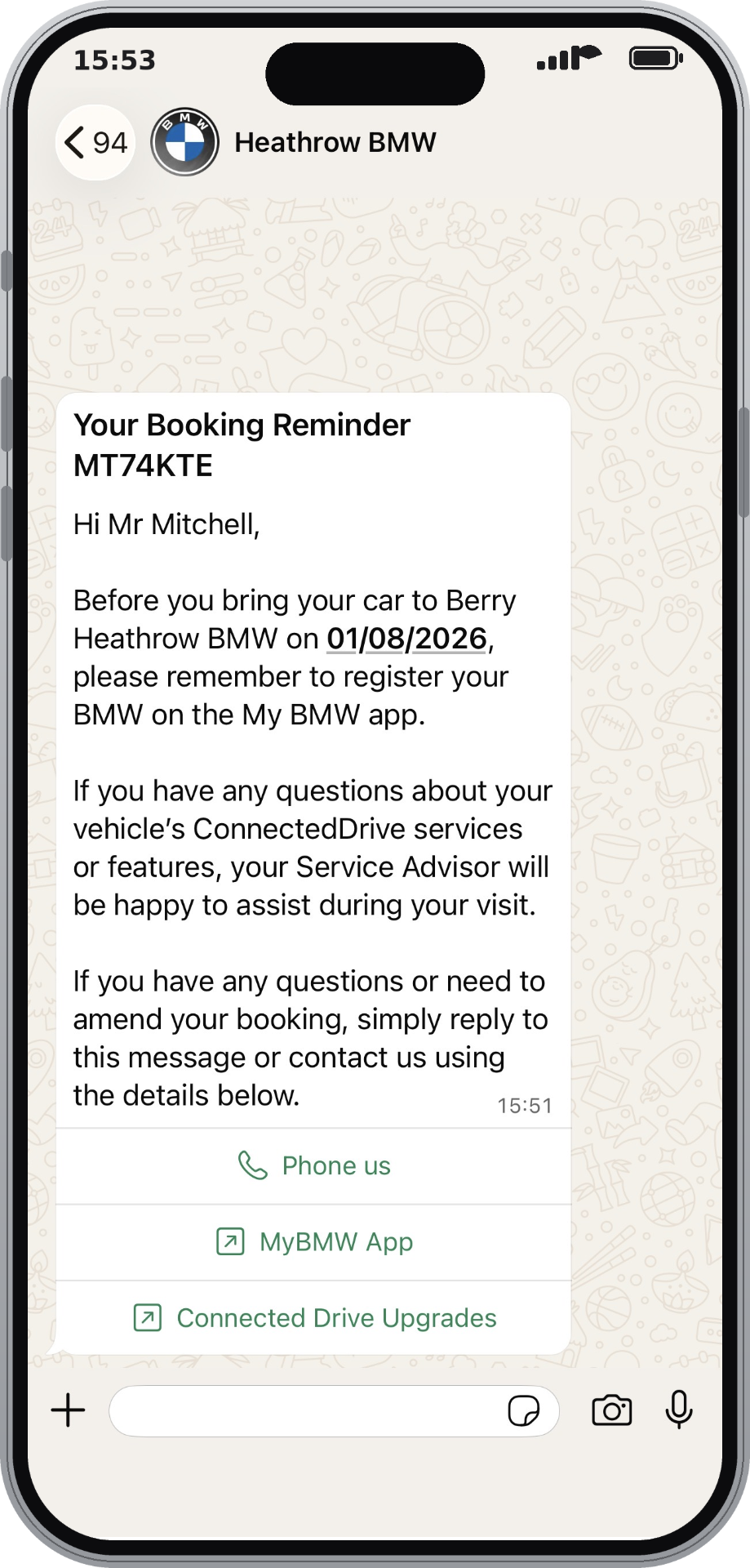 WhatsApp booking reminder from Berry Heathrow BMW