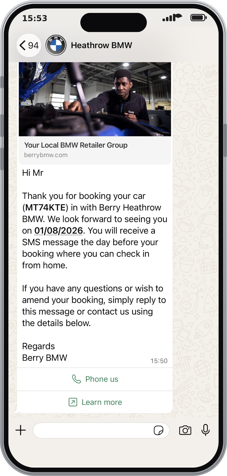 WhatsApp booking confirmation from Berry Heathrow BMW